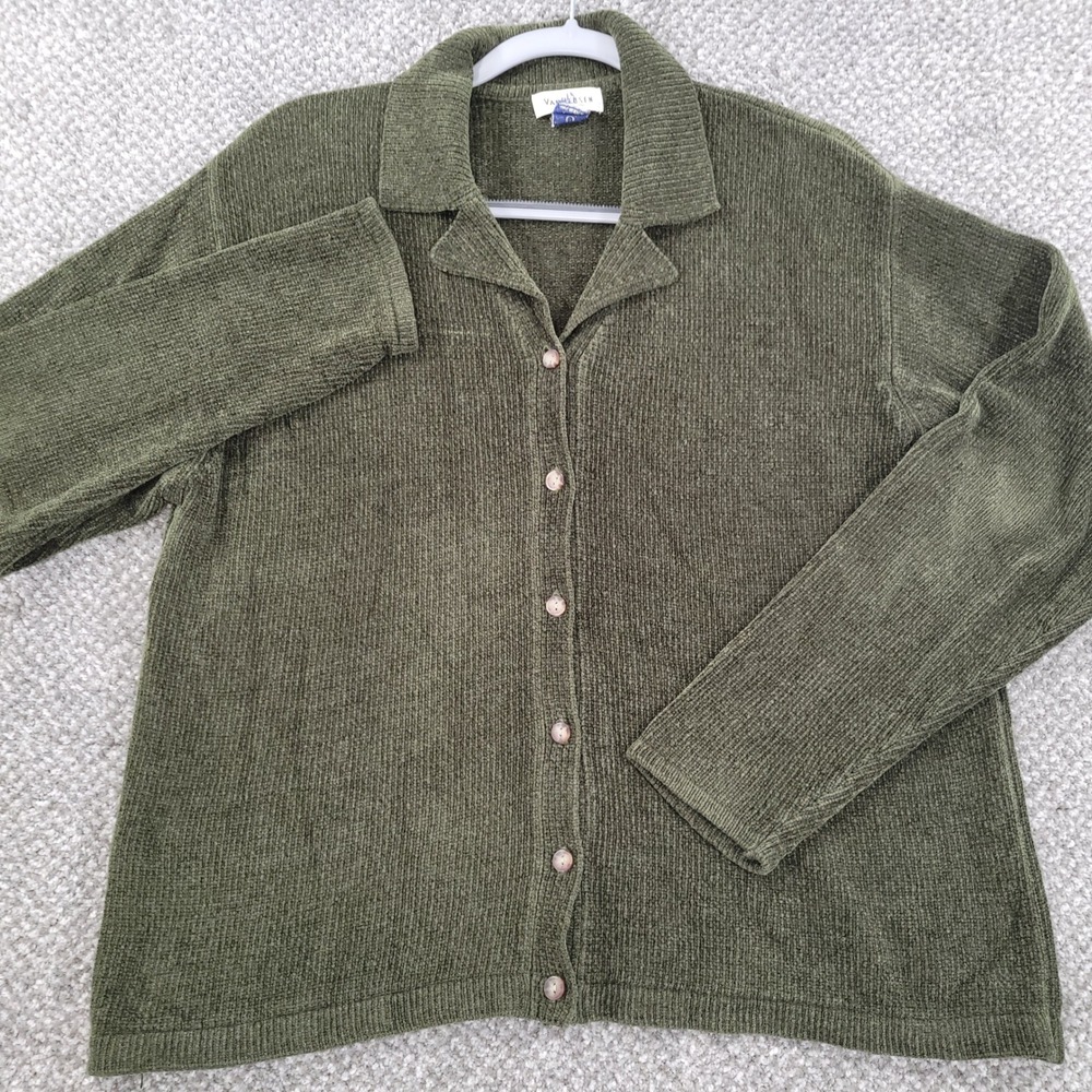 Van Heusen Womens Olive Green Ribbed Knit Button Front Cardigan Soft Sweater L